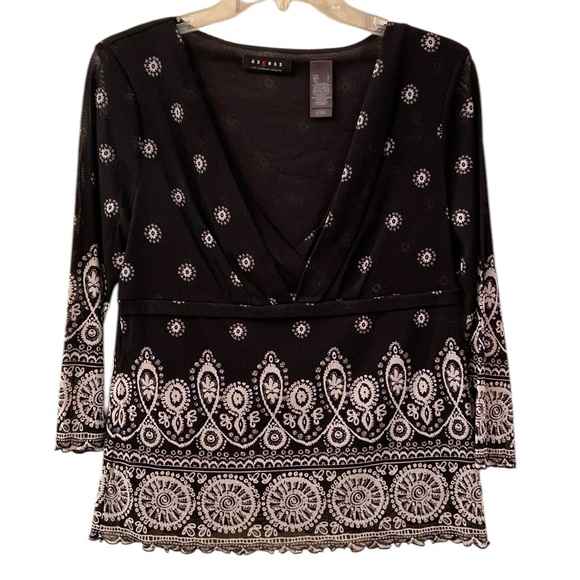 Axcess Liz Claiborne Blouse Black White Circular Design V Neck 3/4 Sleeve WM L - Picture 1 of 12